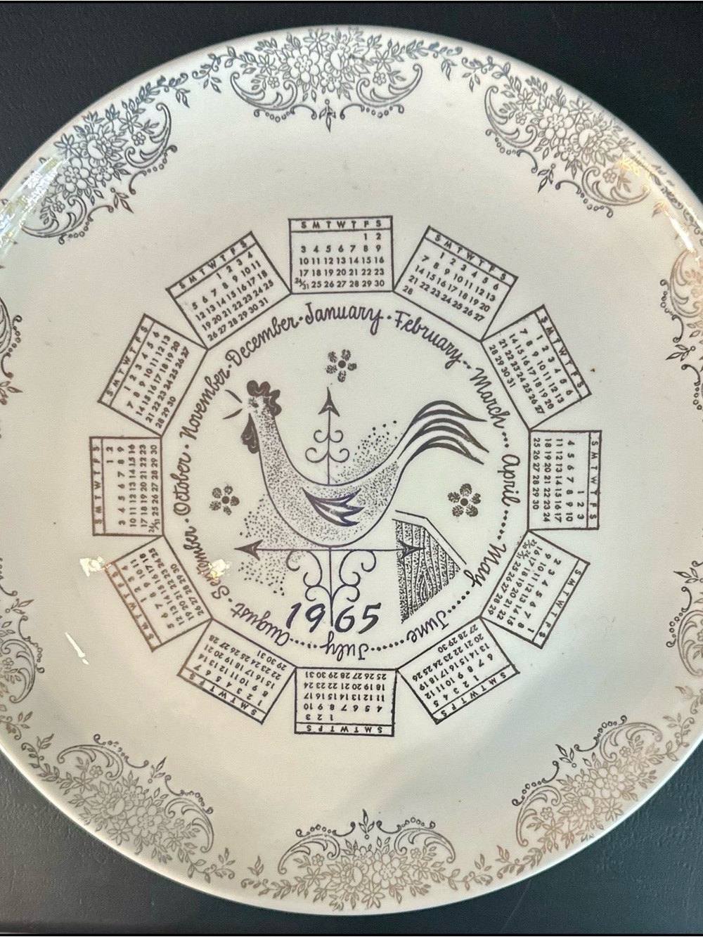 Vintage 1965 Rooster Calendar Plate
